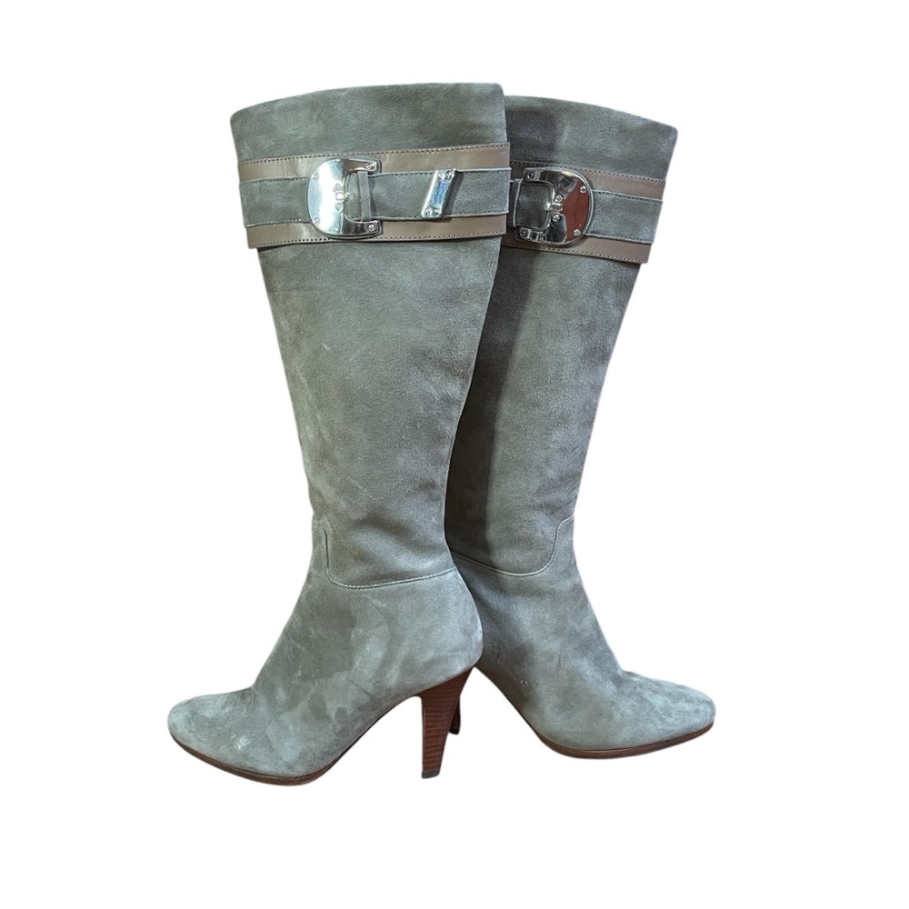 Cole Hann Grey Suede Knee high boots 3.5-in heel, zip closure, and an almond toe
